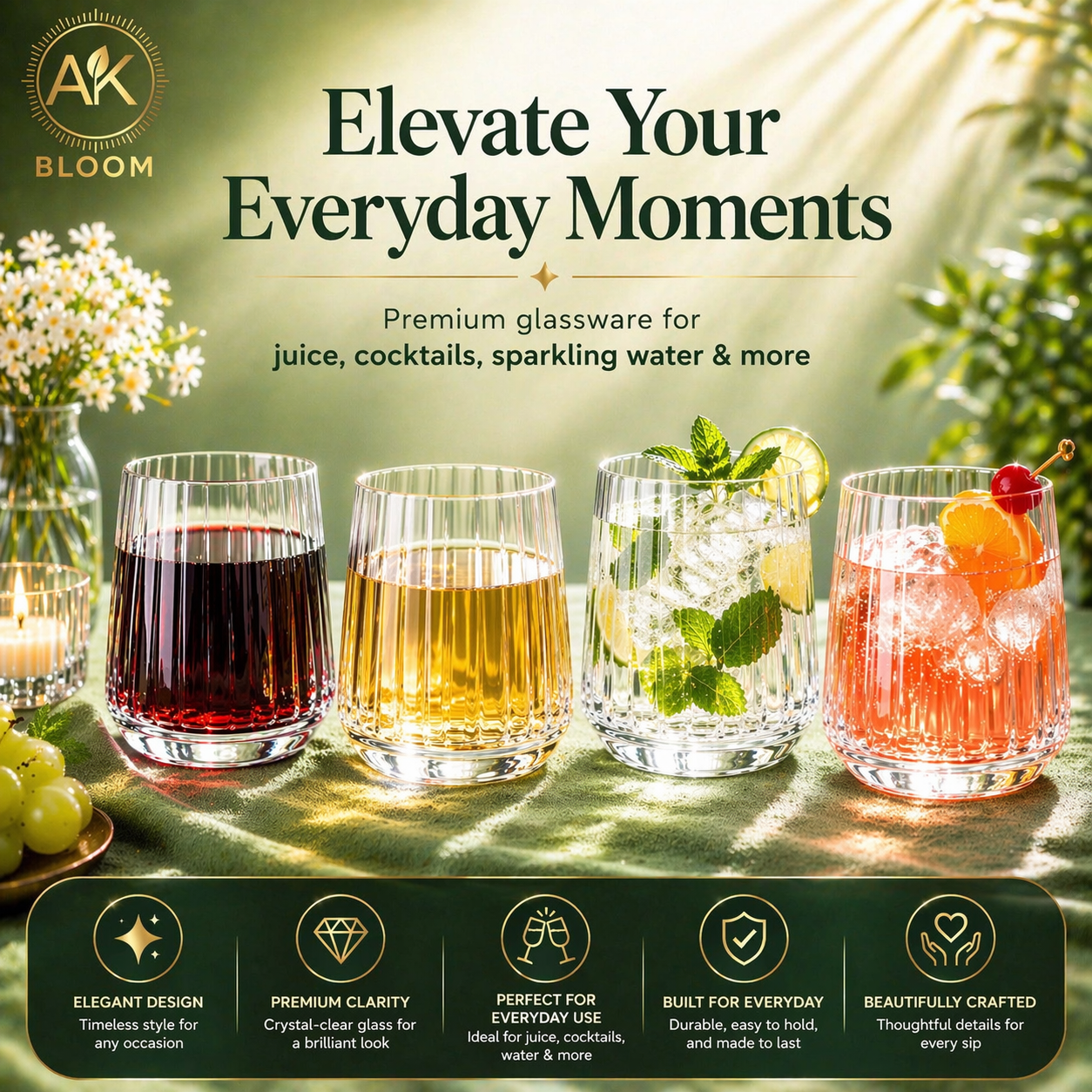 AK BLOOM Ribbed Tumbler Glasses (Set of 4) – 300ml Crystal Clear Drinking Glasses with Gift Box