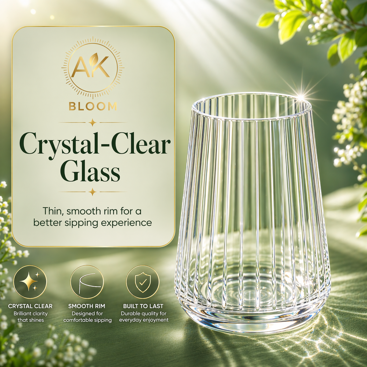 AK BLOOM crystal-clear ribbed tumbler glass with thin smooth rim