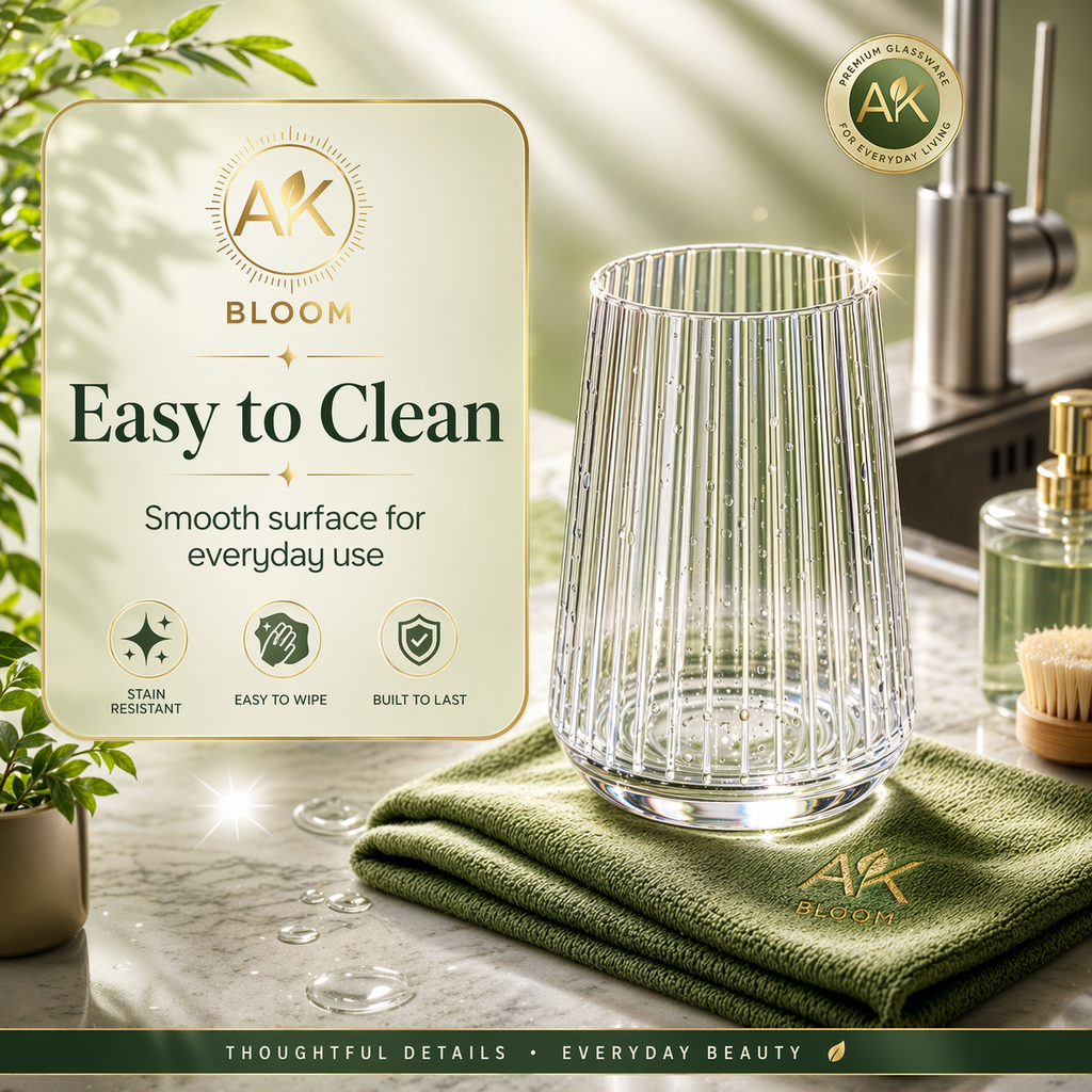 AK BLOOM Ribbed Tumbler Glasses (Set of 4) – 300ml Crystal Clear Drinking Glasses with Gift Box