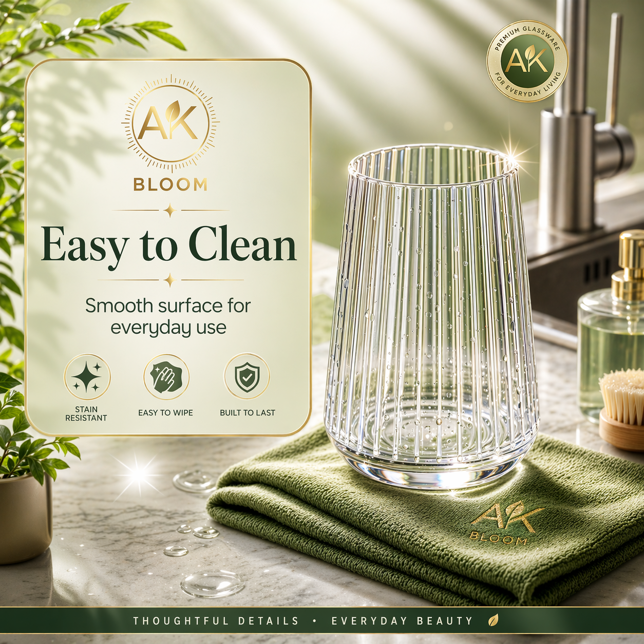 AK BLOOM Ribbed Tumbler Glasses (Set of 4) – 300ml Crystal Clear Drinking Glasses with Gift Box