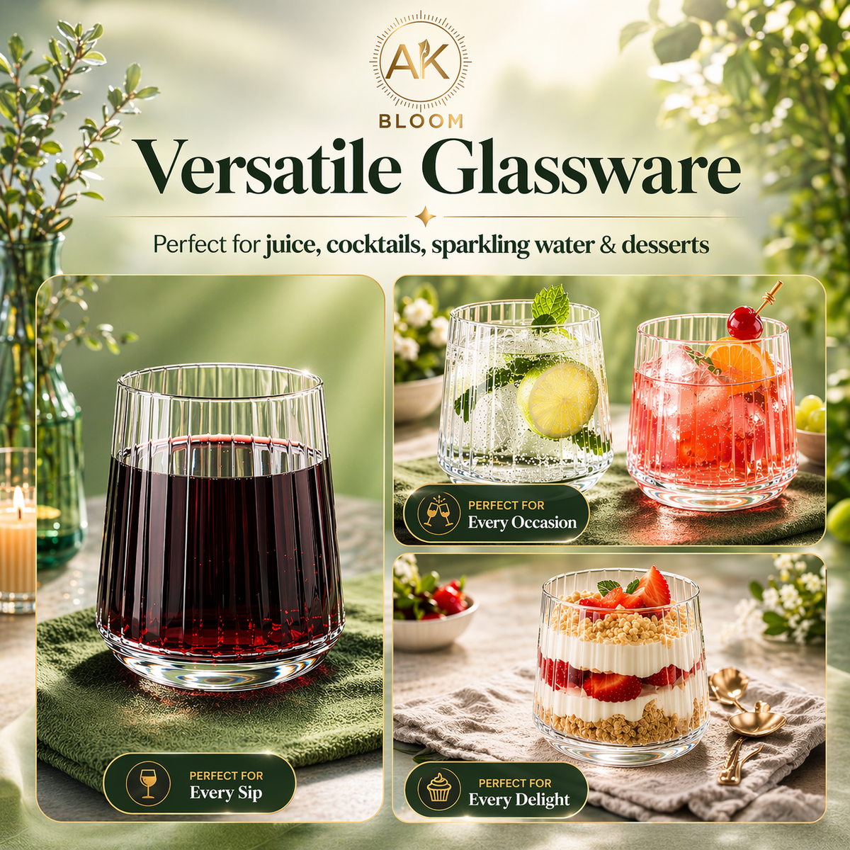 AK BLOOM ribbed tumbler glasses for juice, cocktails, sparkling water and desserts