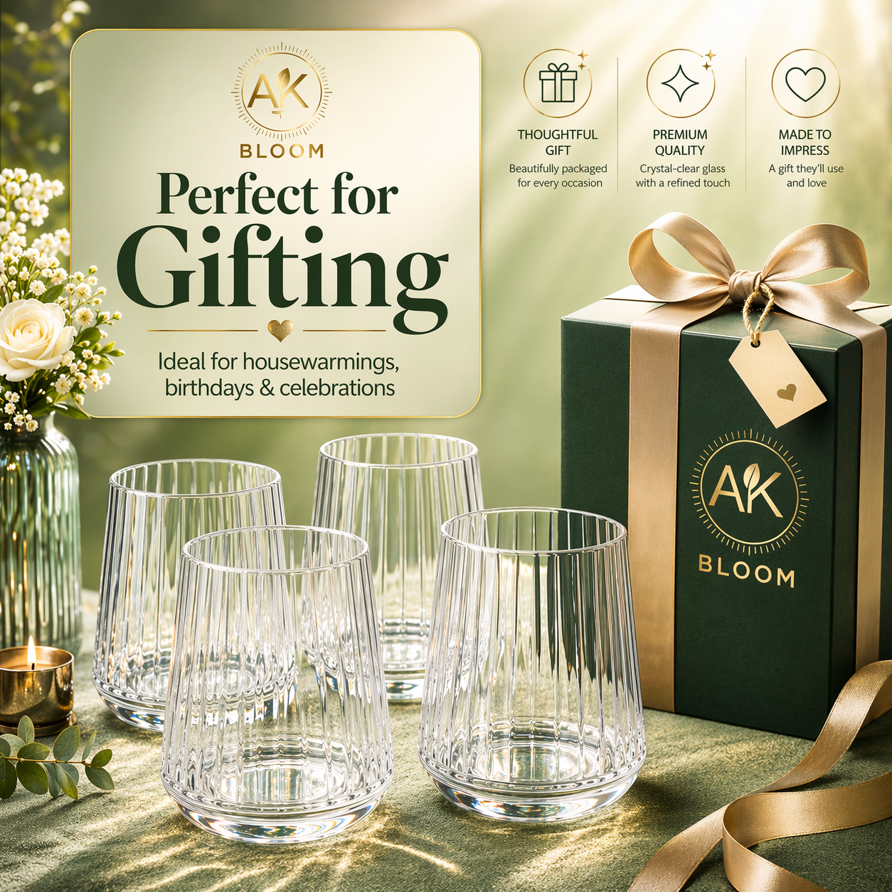 AK BLOOM Ribbed Tumbler Glasses (Set of 4) – 300ml Crystal Clear Drinking Glasses with Gift Box