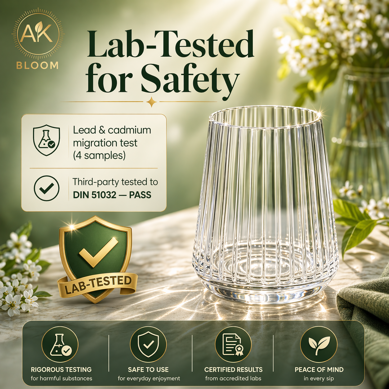 AK BLOOM Ribbed Tumbler Glasses (Set of 4) – 300ml Crystal Clear Drinking Glasses with Gift Box