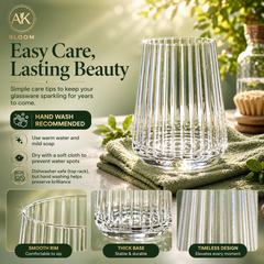 AK BLOOM ribbed tumbler glass with smooth rim and thick durable base, shown with east-care instructions