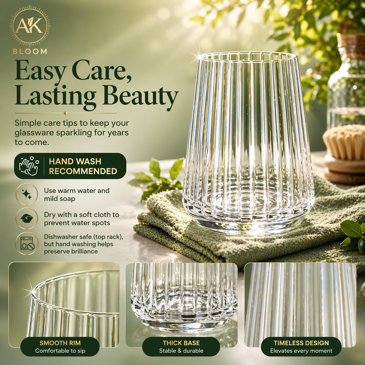 AK BLOOM Ribbed Tumbler Glasses (Set of 4) – 300ml Crystal Clear Drinking Glasses with Gift Box