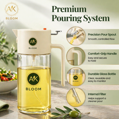 AK Bloom 2-in-1 oil sprayer and pouring with precision pour spout, comfort-grip handle, durable glass bottle and internal filter