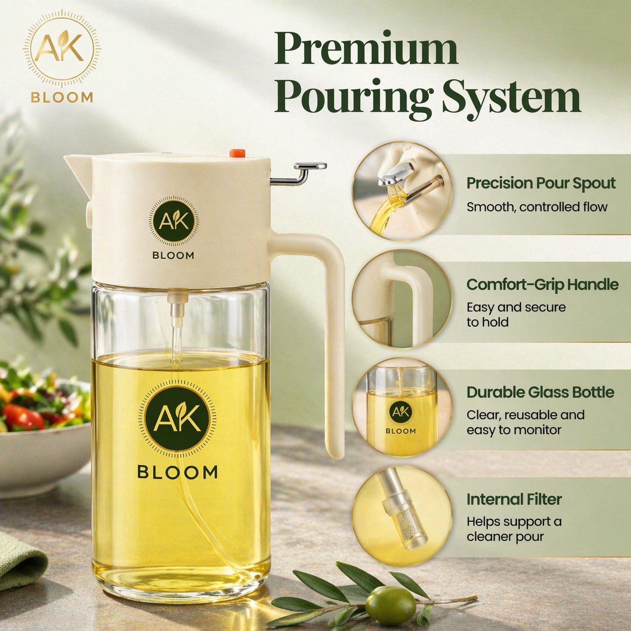 AK BLOOM 2-in-1 Oil Sprayer & Pourer – 550ml Glass Dispenser