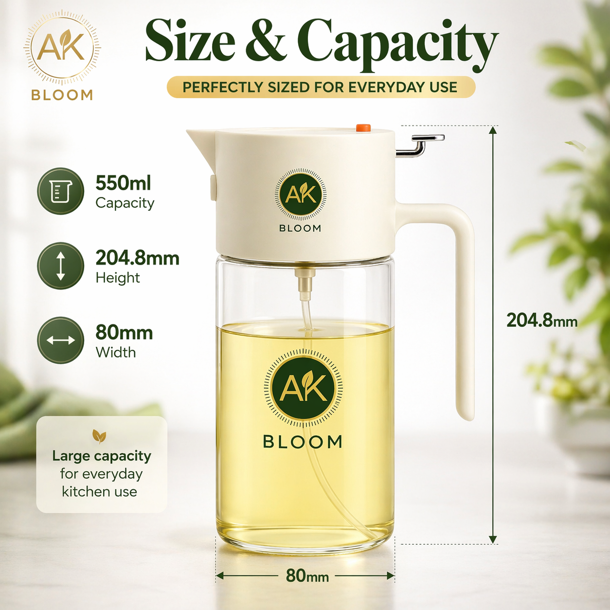 AK BLOOM 2-in-1 Oil Sprayer & Pourer – 550ml Glass Dispenser