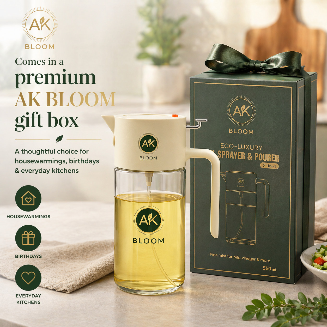 AK BLOOM 2-in-1 Oil Sprayer & Pourer – 550ml Glass Dispenser