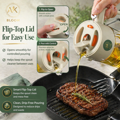 AK Bloom 2-in-1 oil sprayer and  pourer with flip-top lid for controlled drip-free pouring while cooking