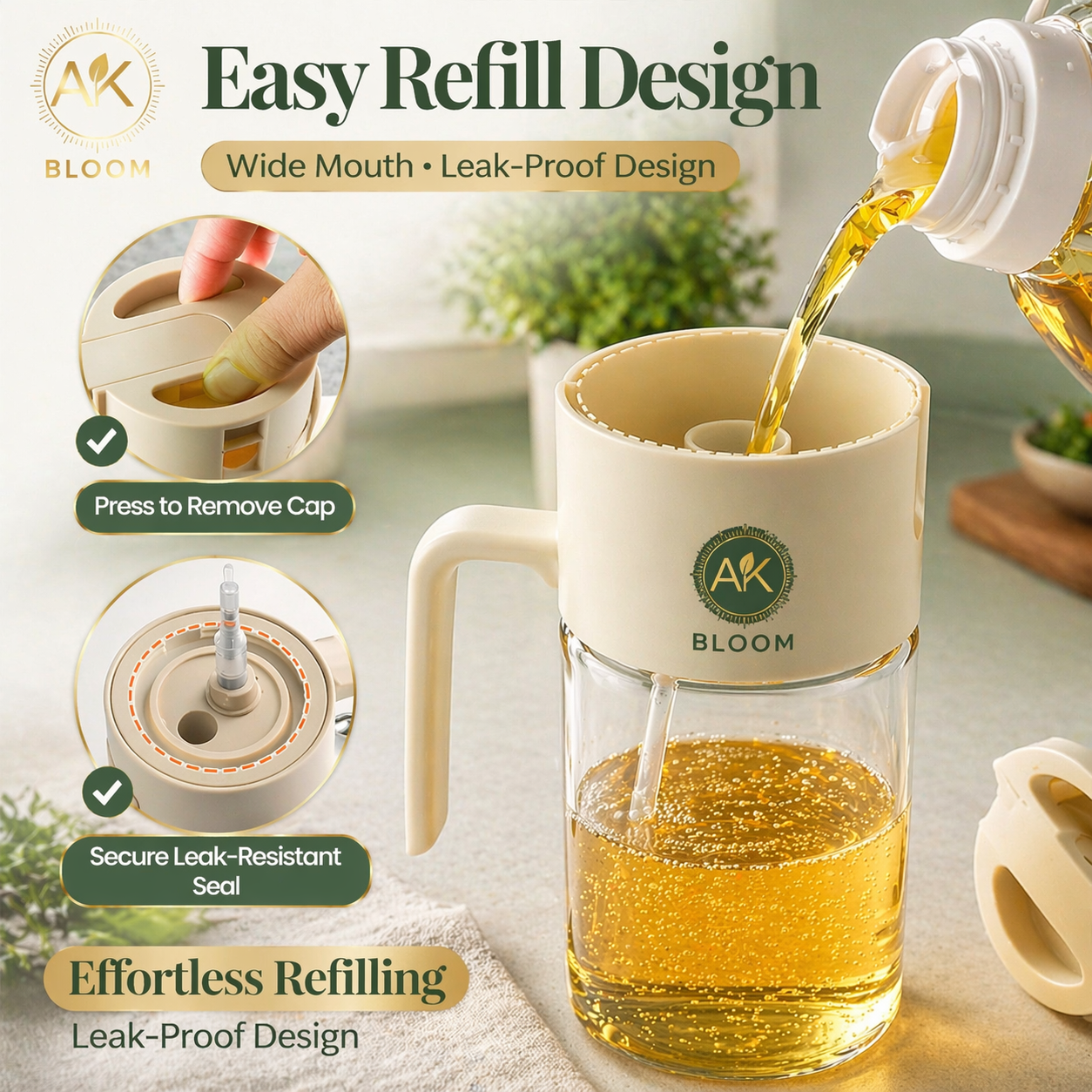AK BLOOM 2-in-1 Oil Sprayer & Pourer – 550ml Glass Dispenser