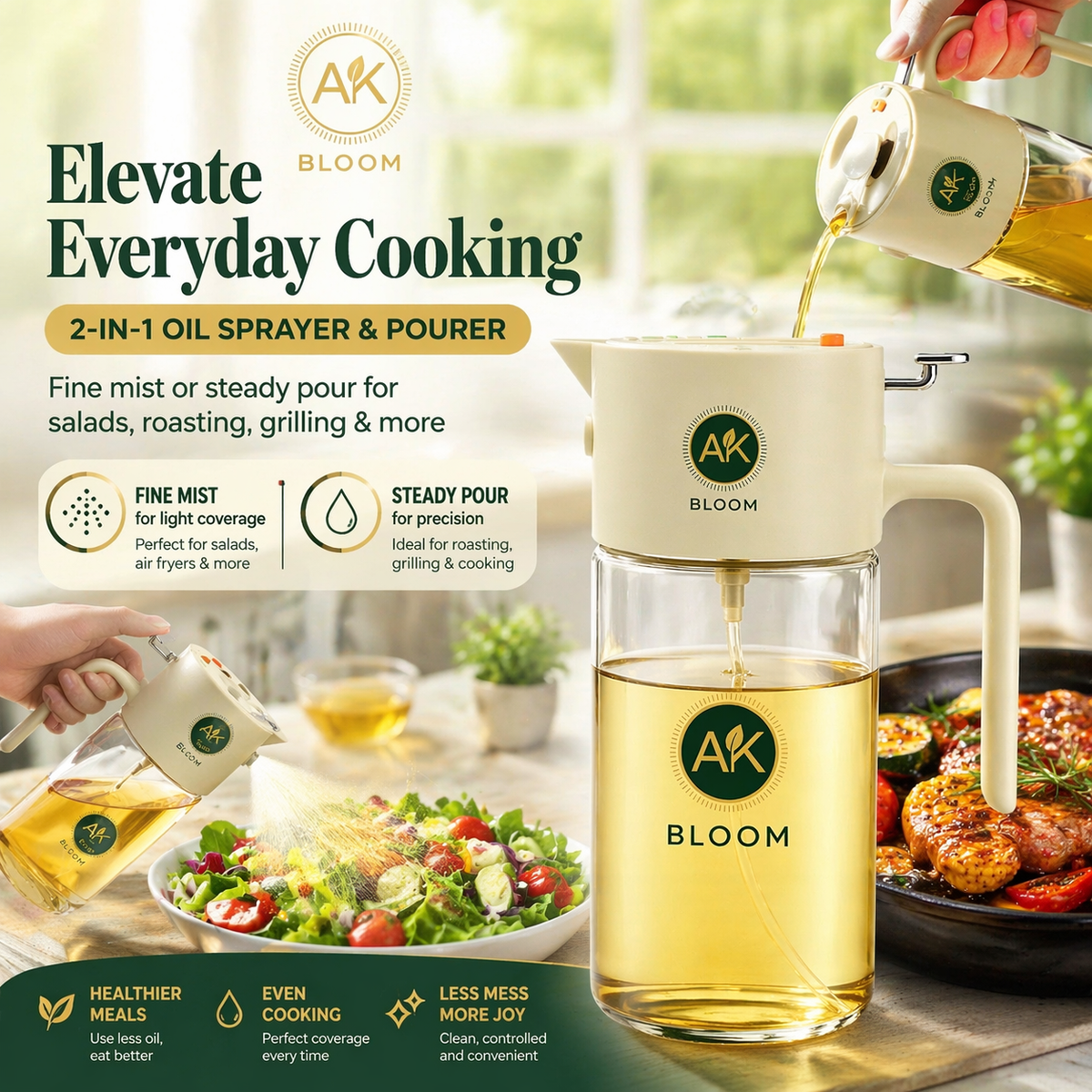 AK Bloom 2-in-1 oil sprayer and pourer for salads, roasting and everyday cooking 