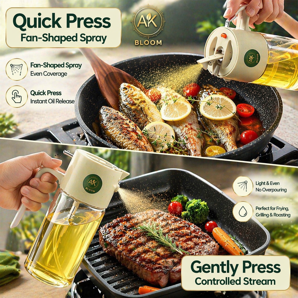 AK BLOOM 2-in-1 Oil Sprayer & Pourer – 550ml Glass Dispenser