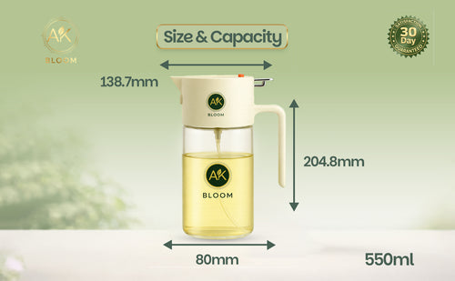 AK Bloom 2-in-1 Oil Sprayer & Pourer Bottle – 550ml Glass Dispenser for Olive Oil, Vinegar & Soy Sauce | Fine Mist Spray & Controlled Pour