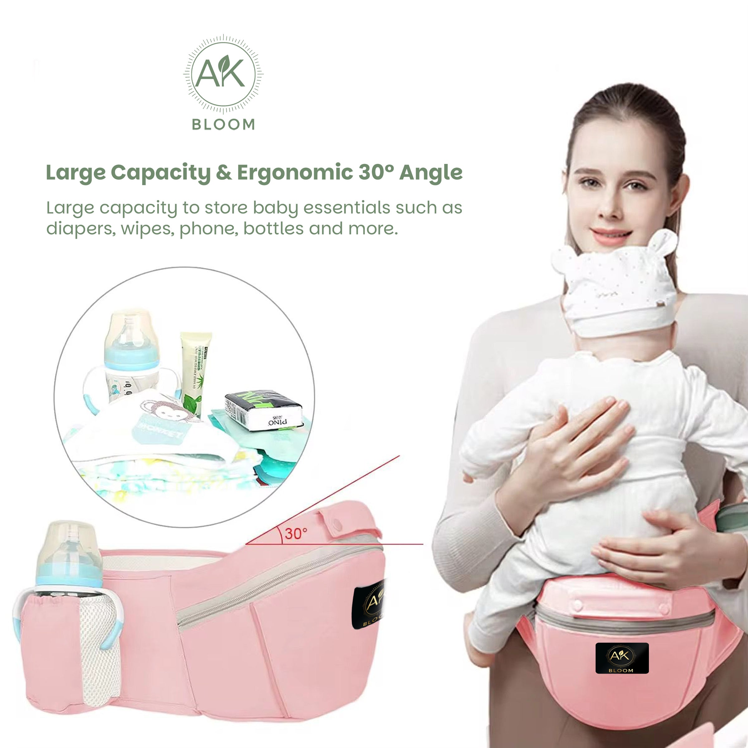 AK BLOOM Baby Carrier – Ergonomic Newborn Carrier 3.5–15 kg, Front & Back Carry, Breathable & Adjustable