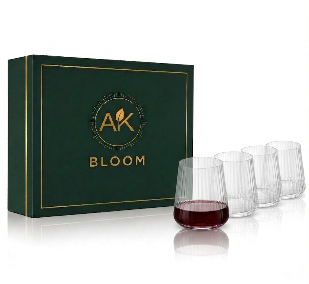 AK BLOOM Ribbed Tumbler Glasses (Set of 4) – 300ml Crystal Clear Drinking Glasses with Gift Box