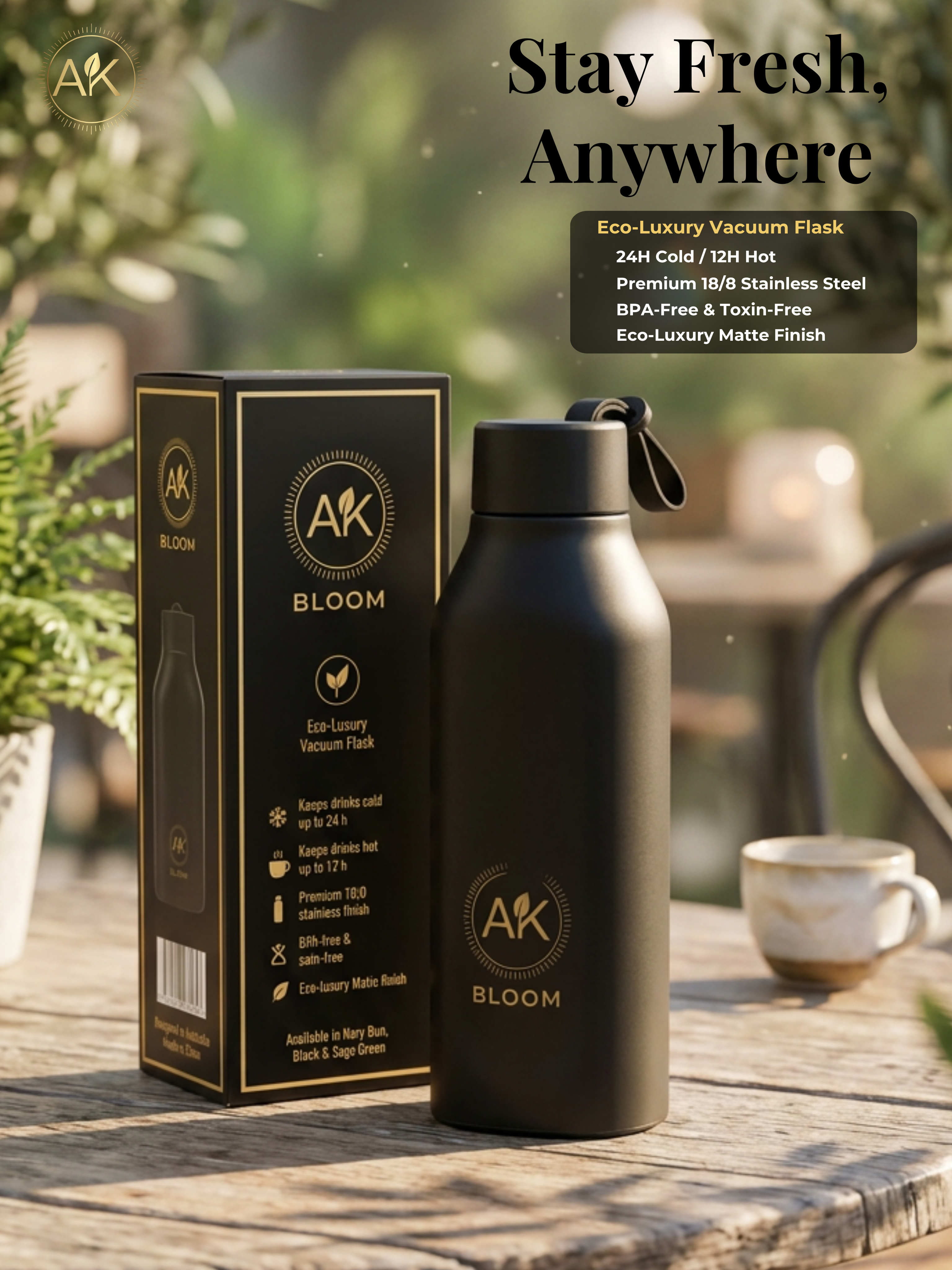 AK BLOOM Stainless Steel Insulated Square Water Bottle 600ml