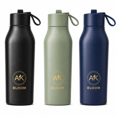 AK BLOOM 600ml insulated stainless steel water bottles in black, sage green and navy blue