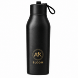 AK BLOOM black insulated stainless steel water bottle with screw-on lid and carrying loop