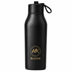 AK BLOOM black insulated stainless steel water bottle with screw-on lid and carrying loop