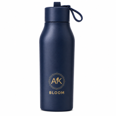 AK BLOOM navy blue insulated stainless steel water bottle with screw-on lid and carrying loop
