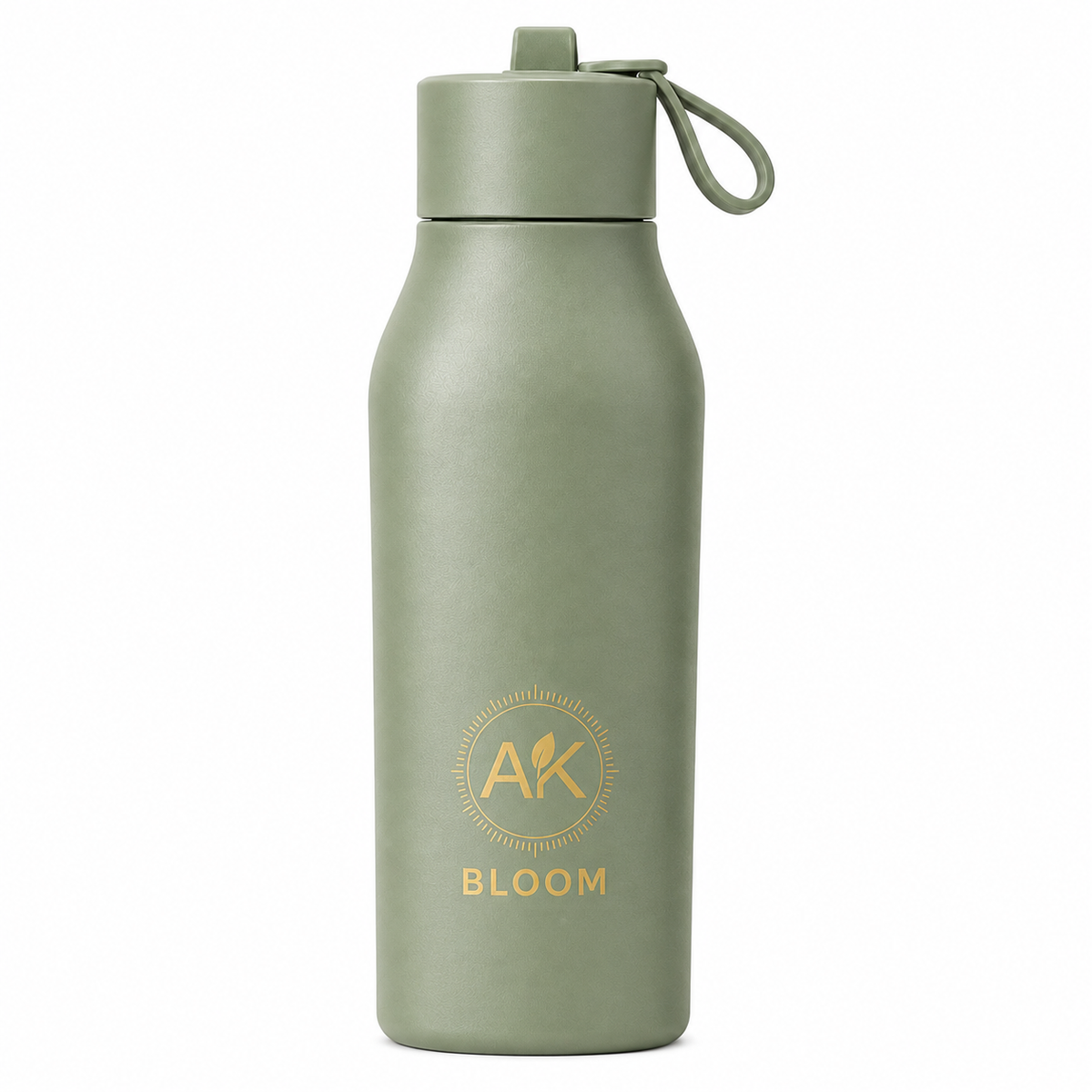 AK BLOOM sage green insulated stainless steel water bottle with screw-on lid and carrying loop
