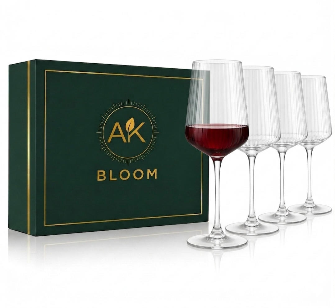 AK BLOOM Hand-Blown Ribbed Wine Glasses (Set of 4) – 500ml Elegant Stemware with Gift Box