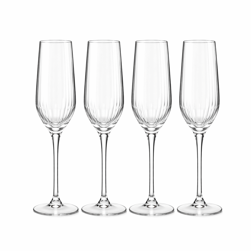AK BLOOM Hand-Blown Ribbed Champagne Flutes (Set of 4) – 220ml Crystal-Clear Glassware with Gift Box