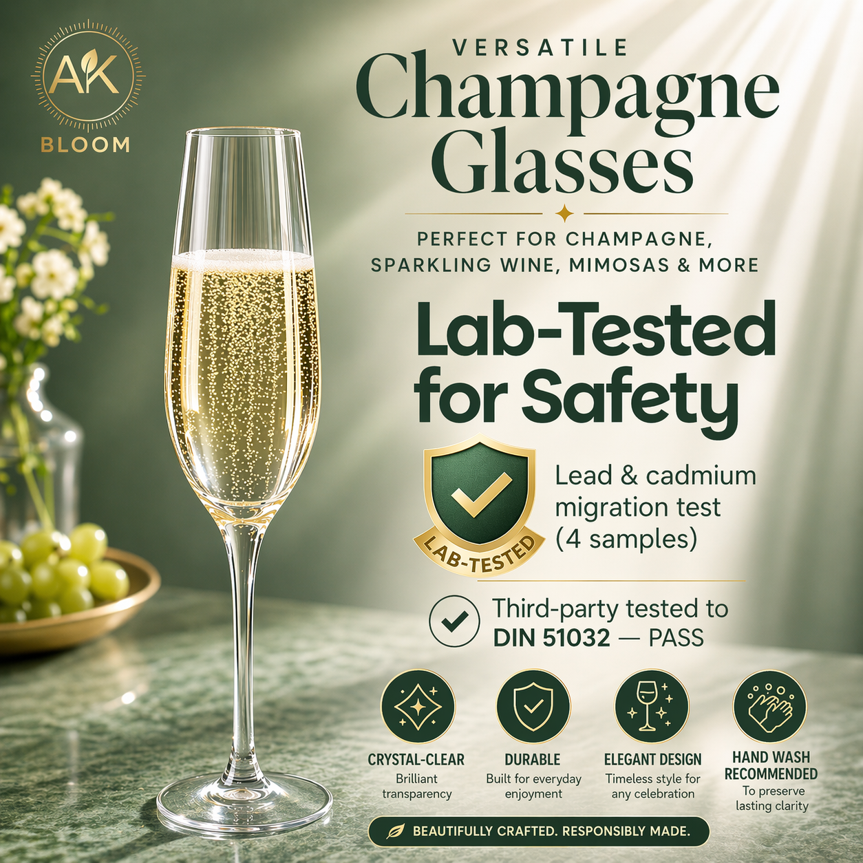 AK BLOOM Hand-Blown Ribbed Champagne Flutes (Set of 4) – 220ml Crystal-Clear Glassware with Gift Box