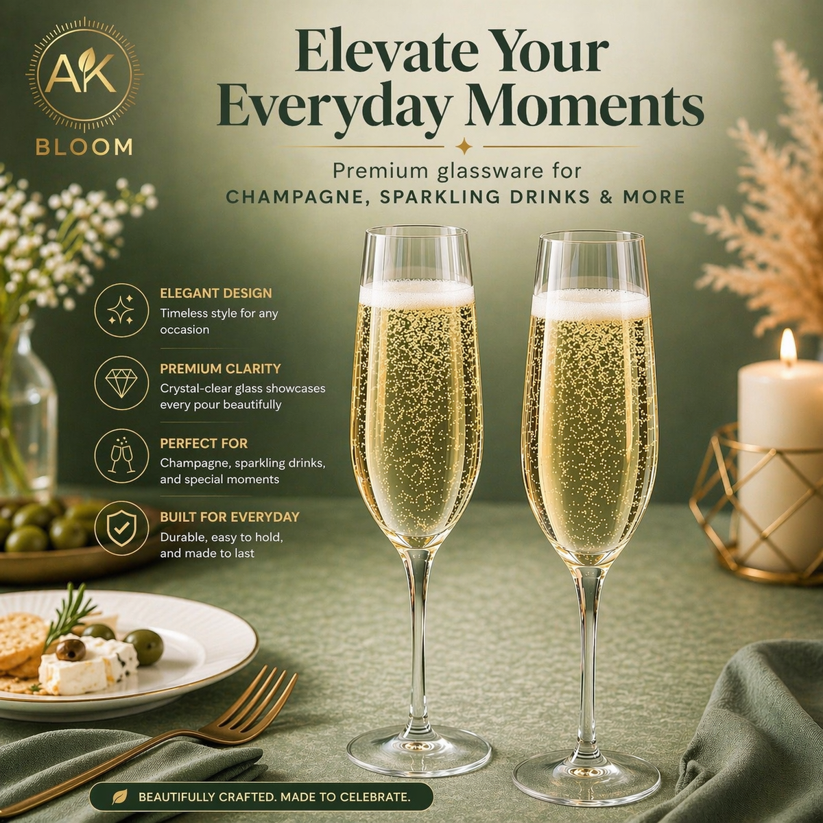 AK BLOOM ribbed champagne flutes filled with sparkling wine in a premium lifestyle setting