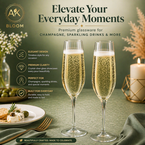 AK BLOOM Hand-Blown Ribbed Champagne Flutes (Set of 4) – 220ml Crystal-Clear Glassware with Gift Box