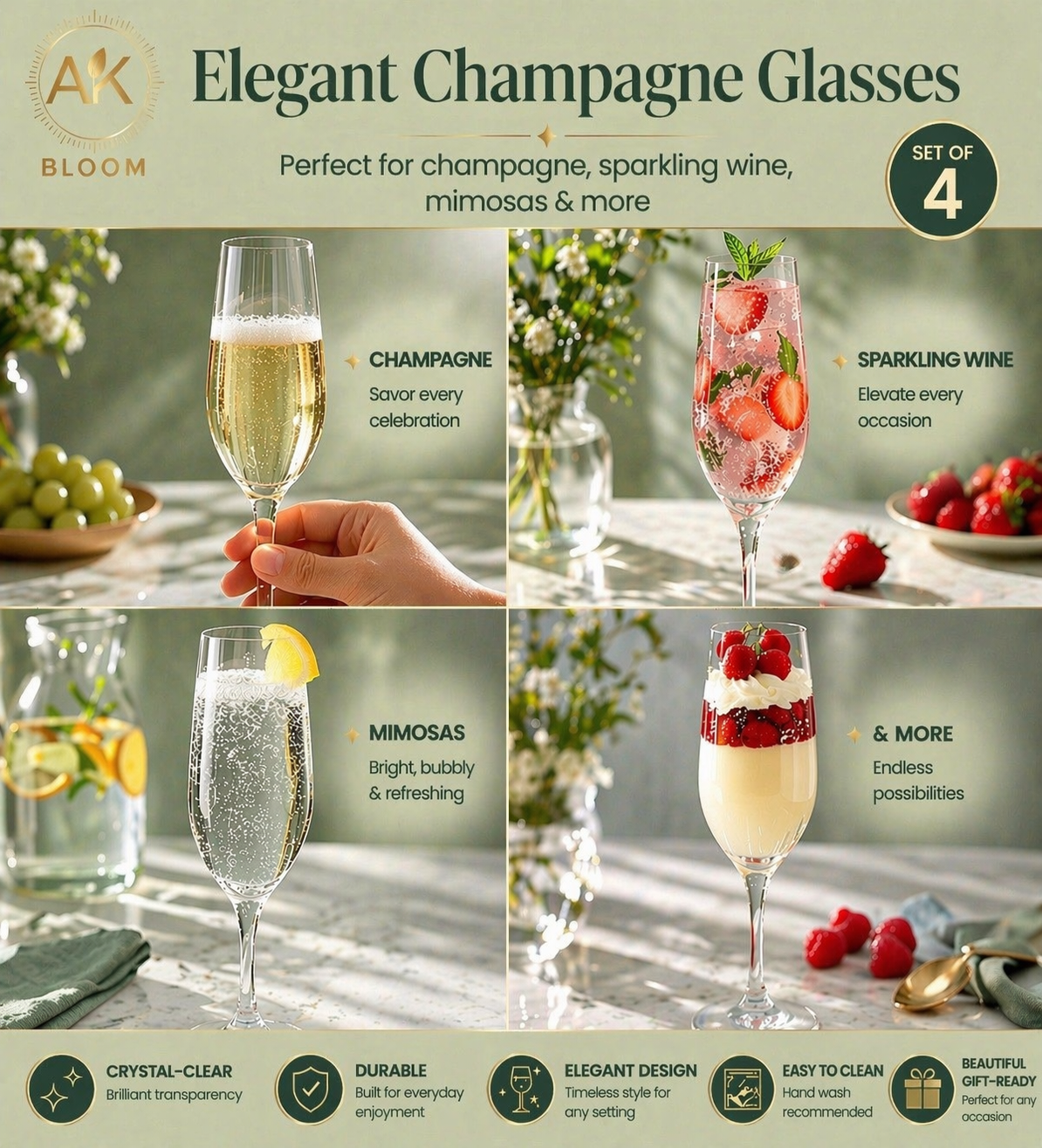 AK BLOOM Hand-Blown Ribbed Champagne Flutes (Set of 4) – 220ml Crystal-Clear Glassware with Gift Box