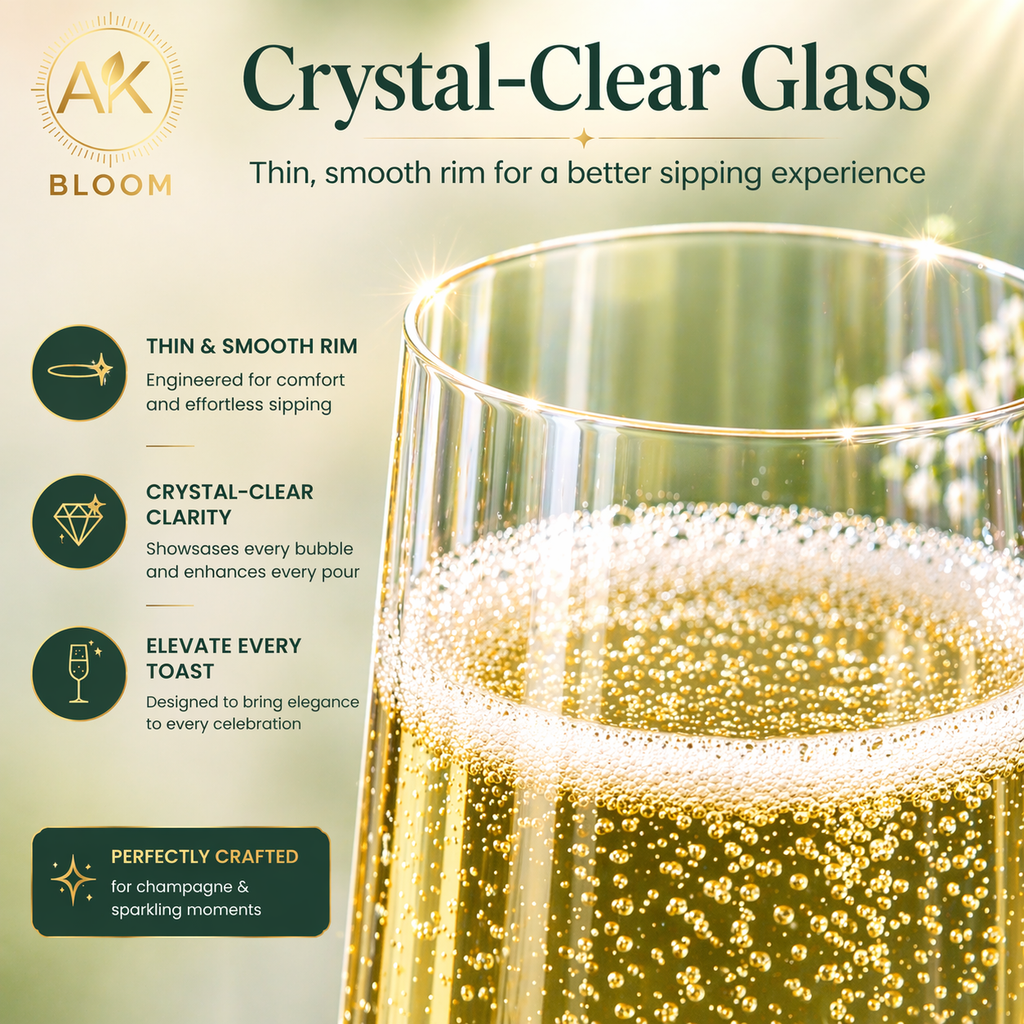 AK BLOOM Hand-Blown Ribbed Champagne Flutes (Set of 4) – 220ml Crystal-Clear Glassware with Gift Box