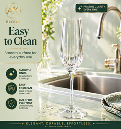 AK BLOOM ribbed champagne flute with smooth finish and easy-to-clean glass design