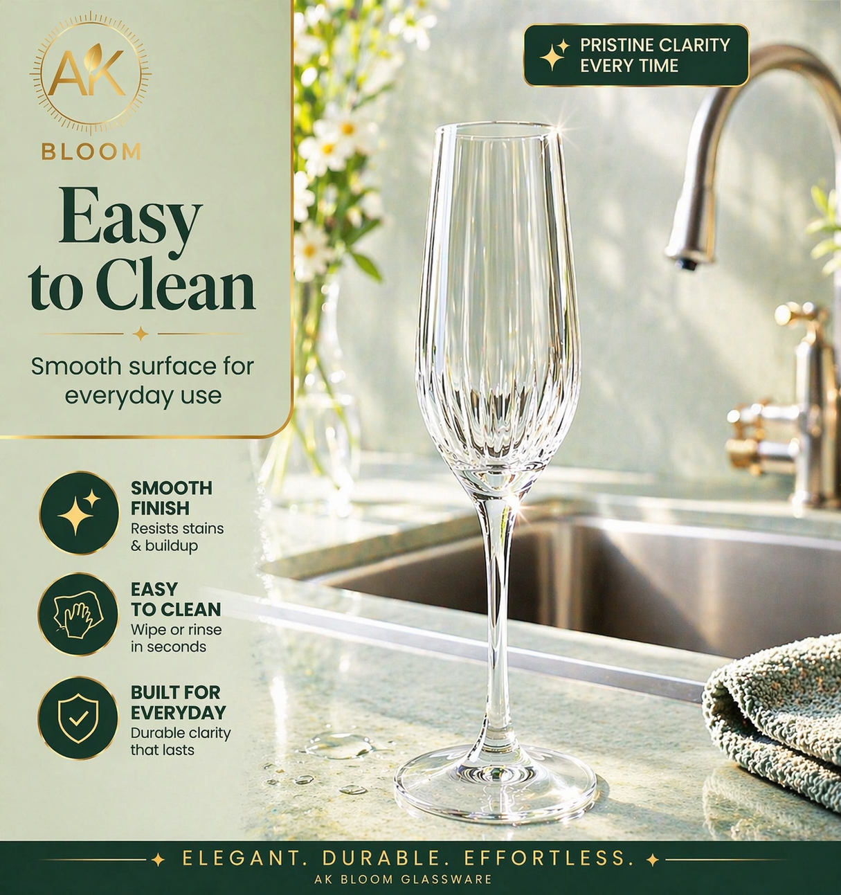 AK BLOOM Hand-Blown Ribbed Champagne Flutes (Set of 4) – 220ml Crystal-Clear Glassware with Gift Box