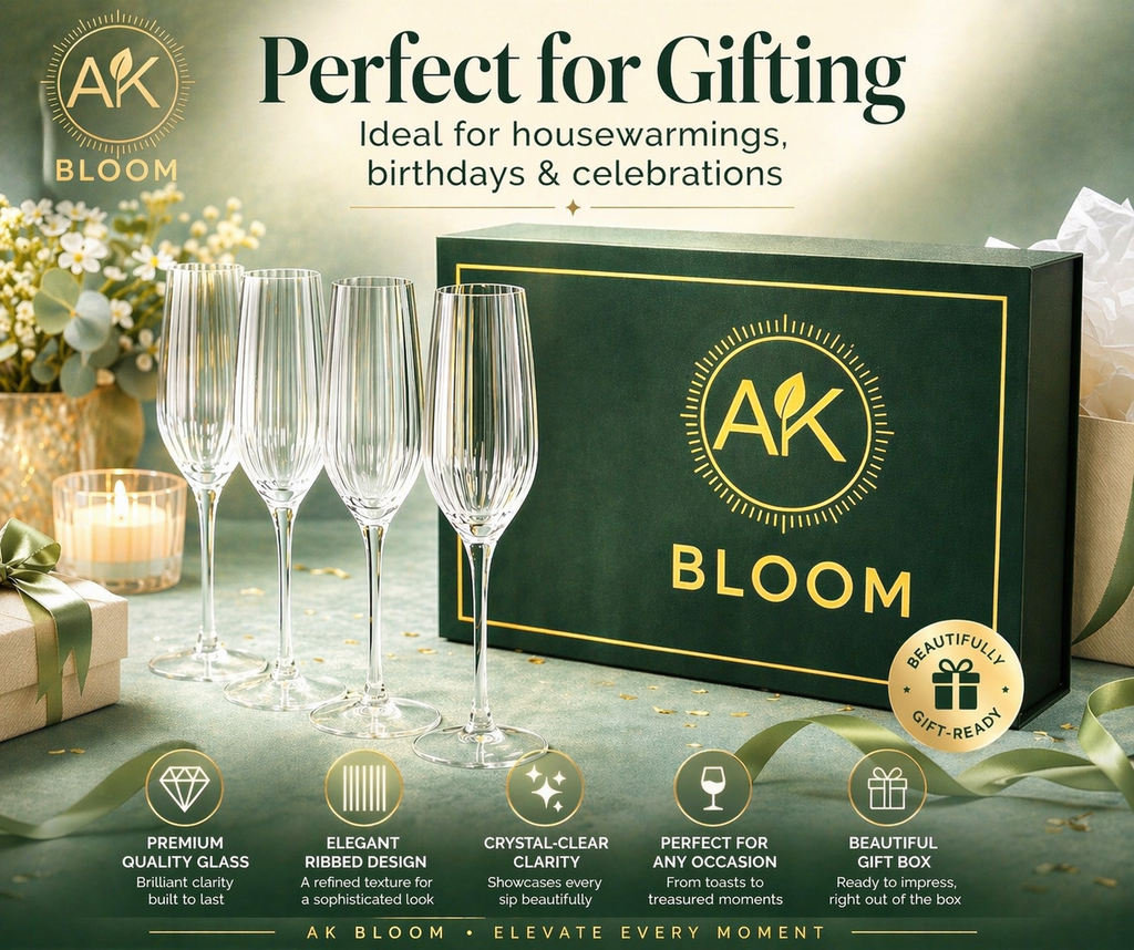 AK BLOOM Hand-Blown Ribbed Champagne Flutes (Set of 4) – 220ml Crystal-Clear Glassware with Gift Box