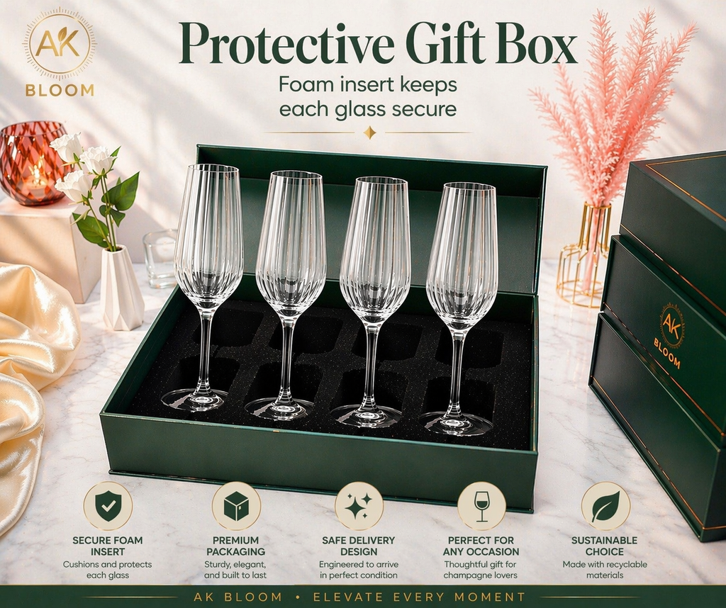 AK BLOOM Hand-Blown Ribbed Champagne Flutes (Set of 4) – 220ml Crystal-Clear Glassware with Gift Box