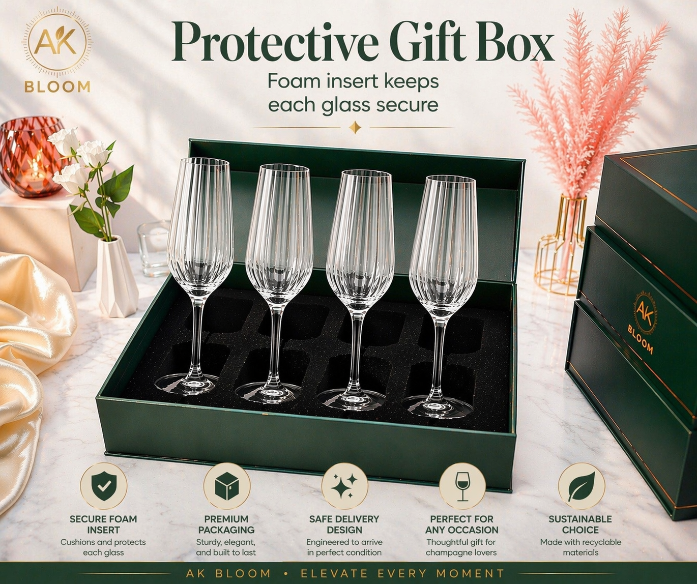 AK BLOOM Hand-Blown Ribbed Champagne Flutes (Set of 4) – 220ml Crystal-Clear Glassware with Gift Box