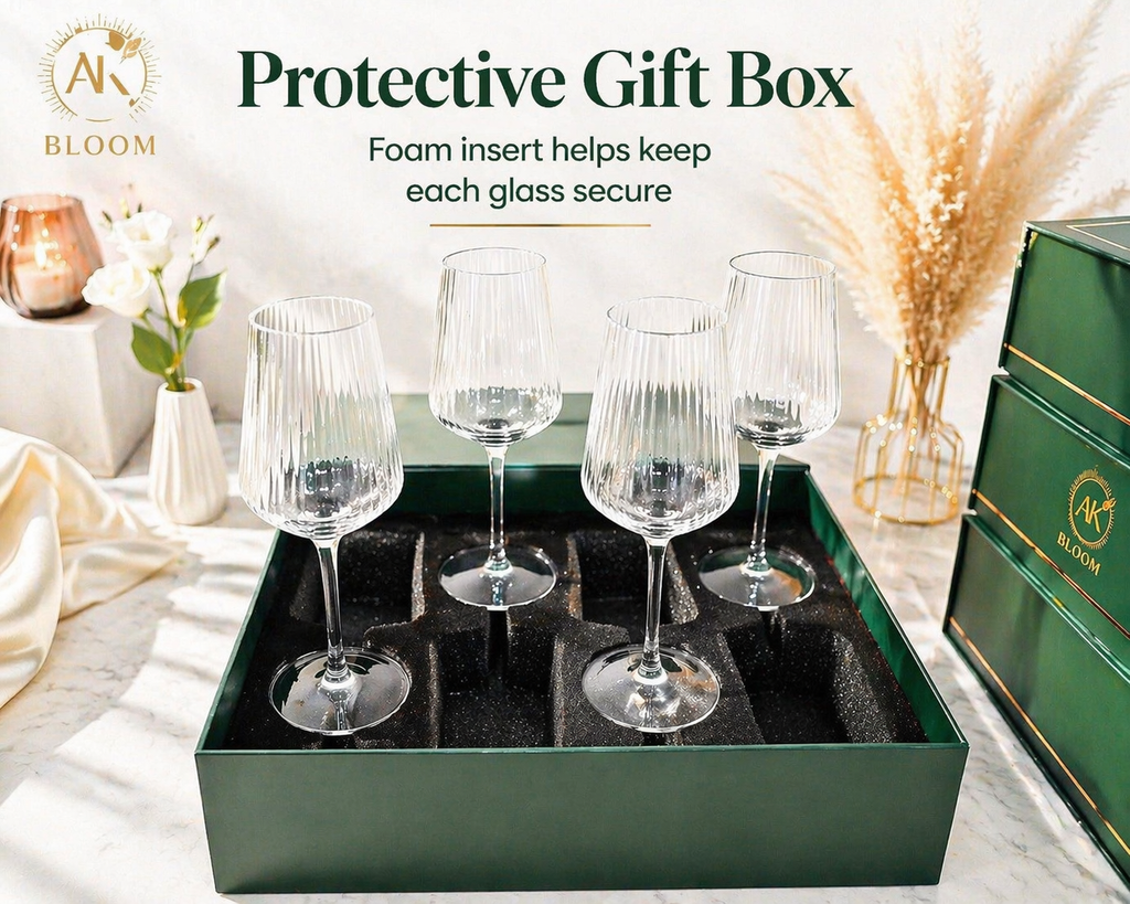 AK BLOOM Hand-Blown Ribbed Wine Glasses (Set of 4) – 500ml Elegant Stemware with Gift Box