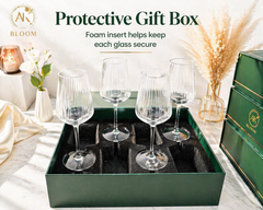 AK BLOOM ribbed wine glasses set of 4 in protective green gift box with foam inserts to keep each glass secure
