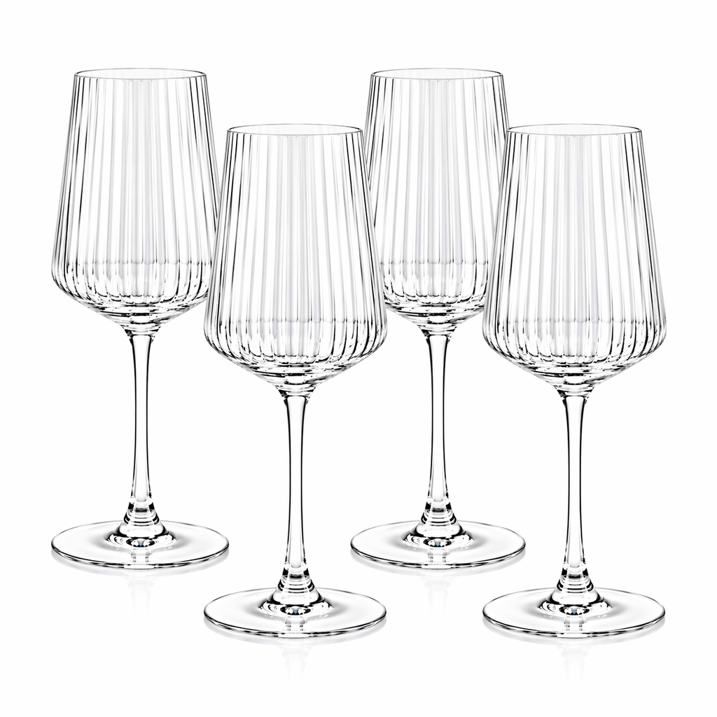 AK BLOOM Hand-Blown Ribbed Wine Glasses (Set of 4) – 500ml Elegant Stemware with Gift Box