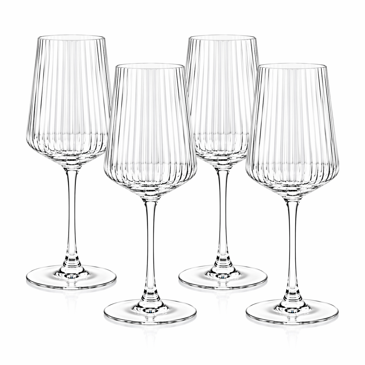 AK BLOOM set of 4 clear ribbed wine glasses with elegant stem design on white background