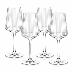 AK BLOOM set of 4 clear ribbed wine glasses with elegant stem design on white background