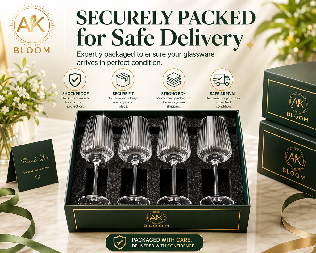 AK BLOOM Hand-Blown Ribbed Wine Glasses (Set of 4) – 500ml Elegant Stemware with Gift Box