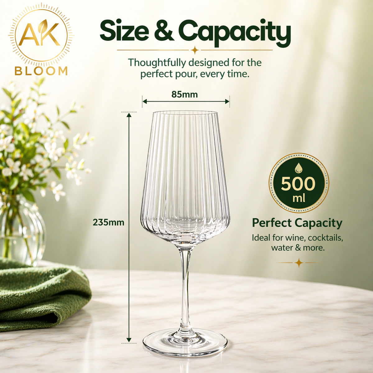 AK BLOOM ribbed wine glass size and capacity guide showing 500ml capacity and 85mm width