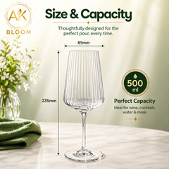 AK BLOOM ribbed wine glass size and capacity guide showing 500ml capacity and 85mm width