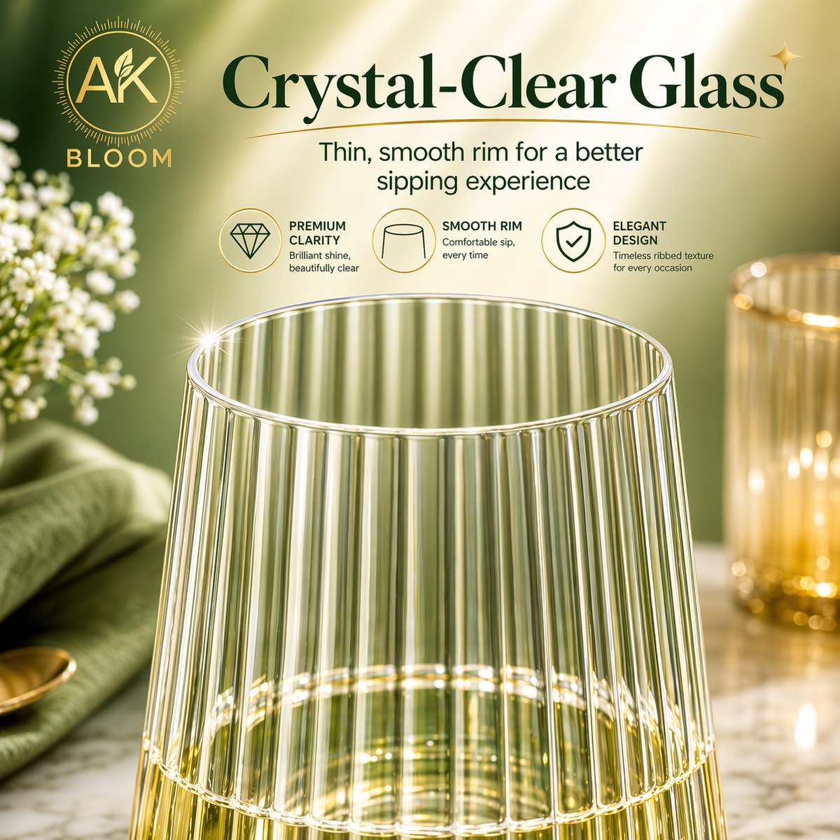 AK BLOOM ribbed wine glass close-up showing the thin smooth rim and clear vertical ribbed texture