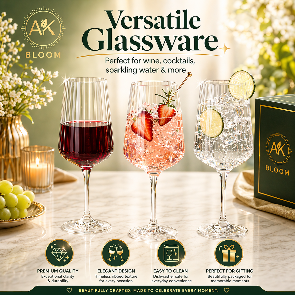 AK Bloom ribbed wine glasses filled with wine, strawberry cocktails and sparkling drinks in a premium lifestyle features