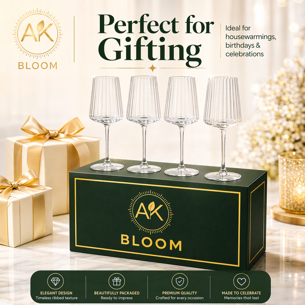 AK BLOOM Hand-Blown Ribbed Wine Glasses (Set of 4) – 500ml Elegant Stemware with Gift Box