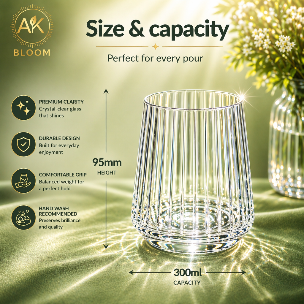 AK BLOOM Ribbed Tumbler Glasses (Set of 4) – 300ml Crystal Clear Drinking Glasses with Gift Box